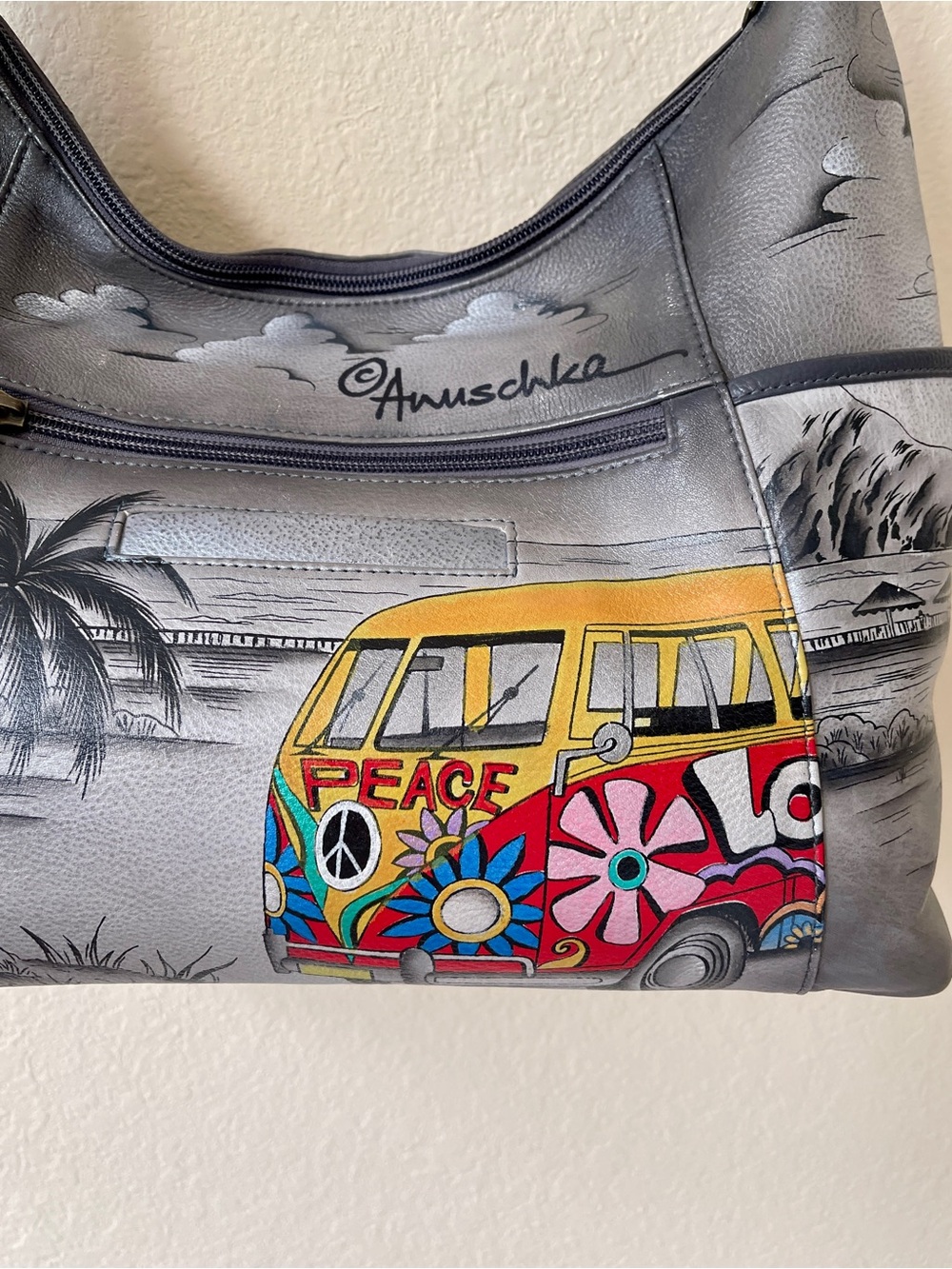 Anuschka Grey Shoulder Bag with Colorful Peace Bus Artwork